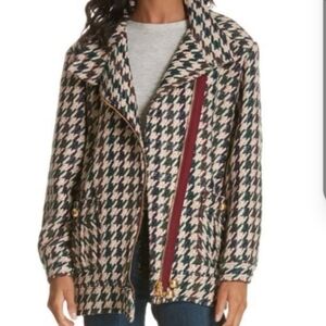 Veronica Beard Houndstooth Pea Coat with Red Accent
